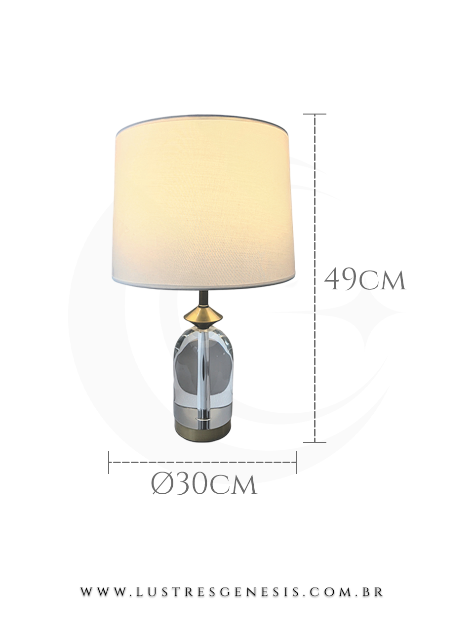 Abajur moderno de cristal Pawn da Sindora, ideal para leitura em quartos, escritórios e escrivaninhas, com cúpula branca e dimensões de 49cm de altura por 30cm de diâmetro.